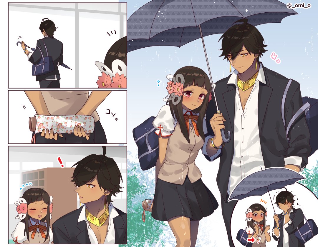 !, 1boy, 1girl, ahoge, bangs, black_skirt, blunt_bangs, blush