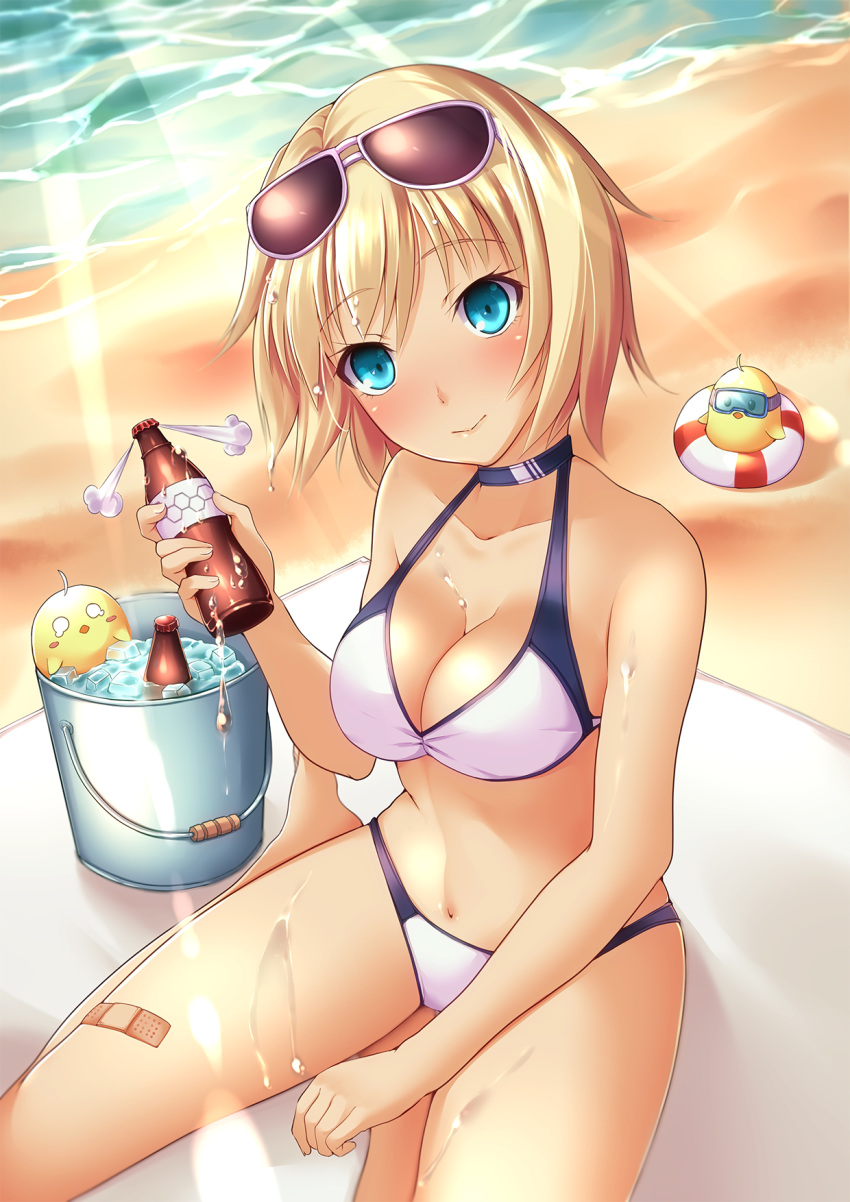 azur_lane, bandaid, bangs, barefoot, beach, beach_mat, bikini, blonde_hair