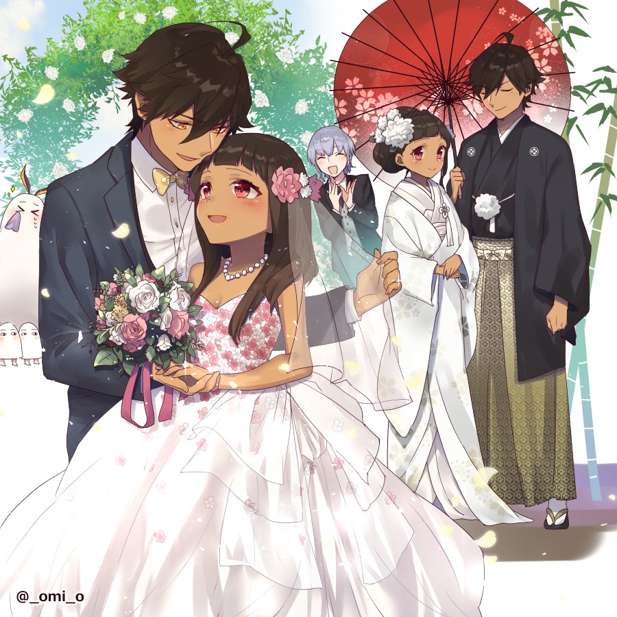 2boys, 2girls, blush, bouquet, bridal_veil, brown_hair, couple, dark_skin
