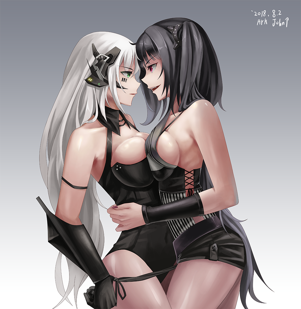 2girls, architect_(girls_frontline), ark_john_up, asymmetrical_clothes, bangs, barcode, black_hair, black_legwear