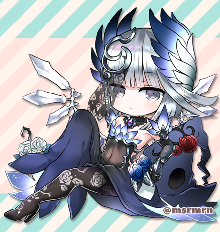 1girl, bangs, bare_shoulders, black_dress, black_footwear, black_gloves, black_legwear, blue_flower, blue_rose, blue_wings, blunt_bangs, boots, chibi, closed_mouth, commentary_request, covered_navel, diagonal_stripes, dress, elbow_gloves, eyebrows_visible_through_hair, feathered_wings, floral_print, flower, full_body, gloves, grey_eyes, grey_wings, head_wings, looking_at_viewer, lowres, marshmallow_mille, print_legwear, puzzle_&amp;_dragons, red_flower, red_rose, riche_(p&amp;d), rose, rose_print, silver_hair, solo, strapless, strapless_dress, striped, thigh-highs, thigh_boots, twitter_username, white_flower, white_rose, wings
