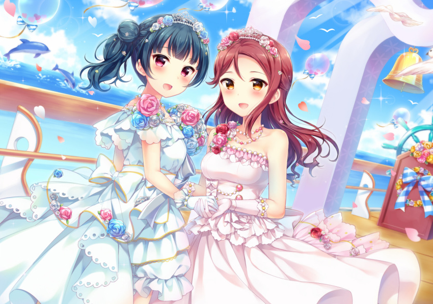 2girls, alternate_hairstyle, arch, back_bow, bangs, bell, blue_eyes, blue_flower