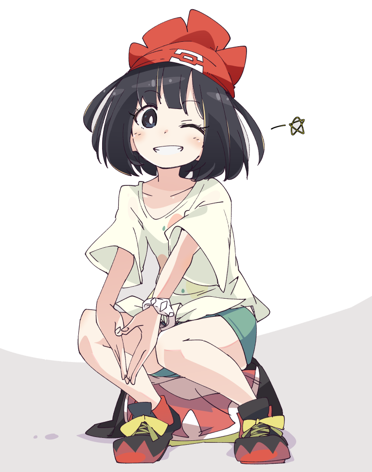 1girl, bangs, black_hair, blush, eyebrows_visible_through_hair, floral_print, green_shorts, grey_eyes