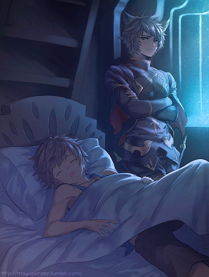 2boys, against_wall, animal_ears, bed, blue_hair, blue_shirt, brown_hair, brown_shorts