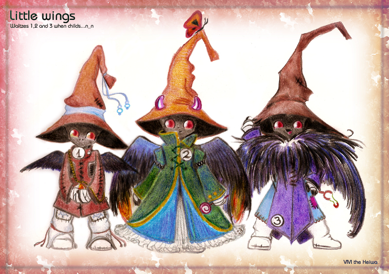 black_skin, black_waltz, child, coat, dark_skin, dress, engrish, final_fantasy, final_fantasy_ix, hat, horns, ranguage, red_eyes, smile, vivi_the_heiwa, wings, witch_hat, wizard_hat