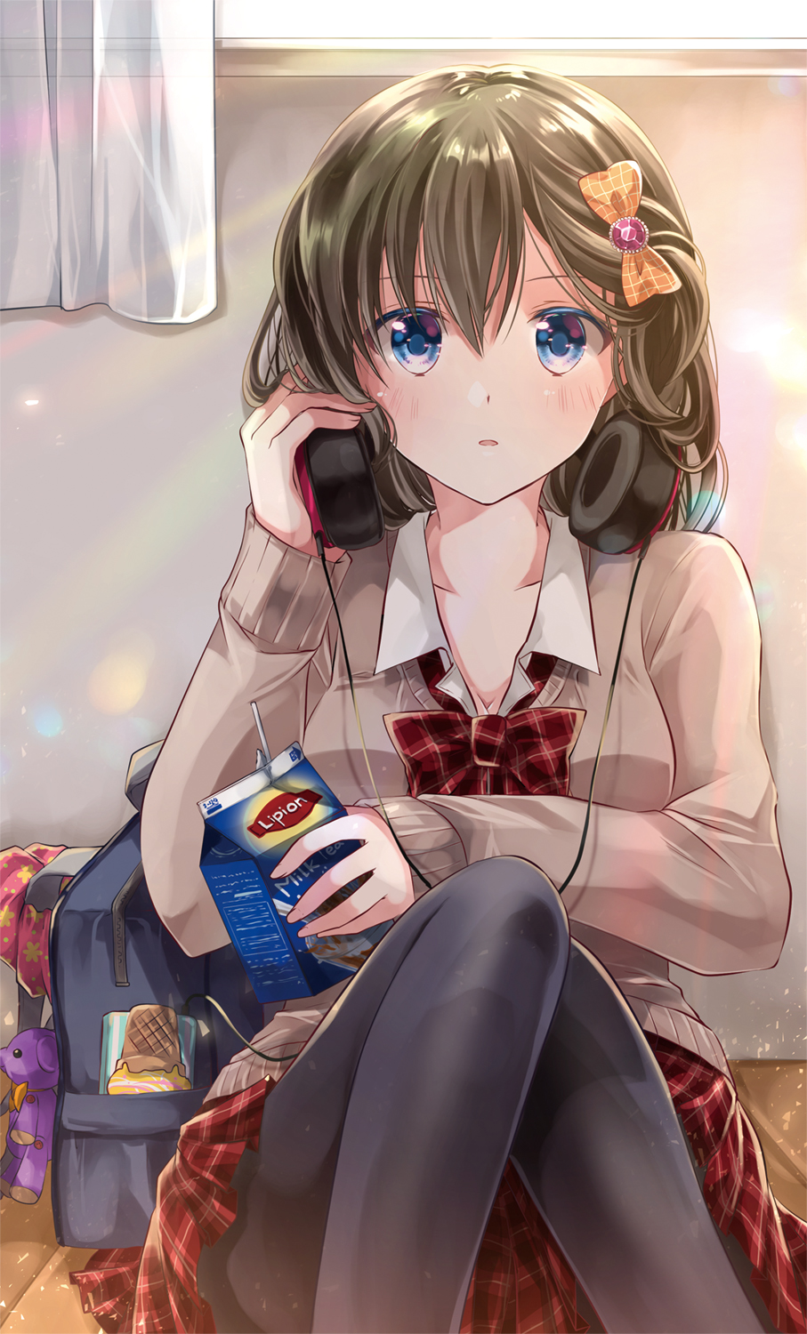 1girl, bag, bag_charm, bangs, black_legwear, blue_eyes, bow, bowtie