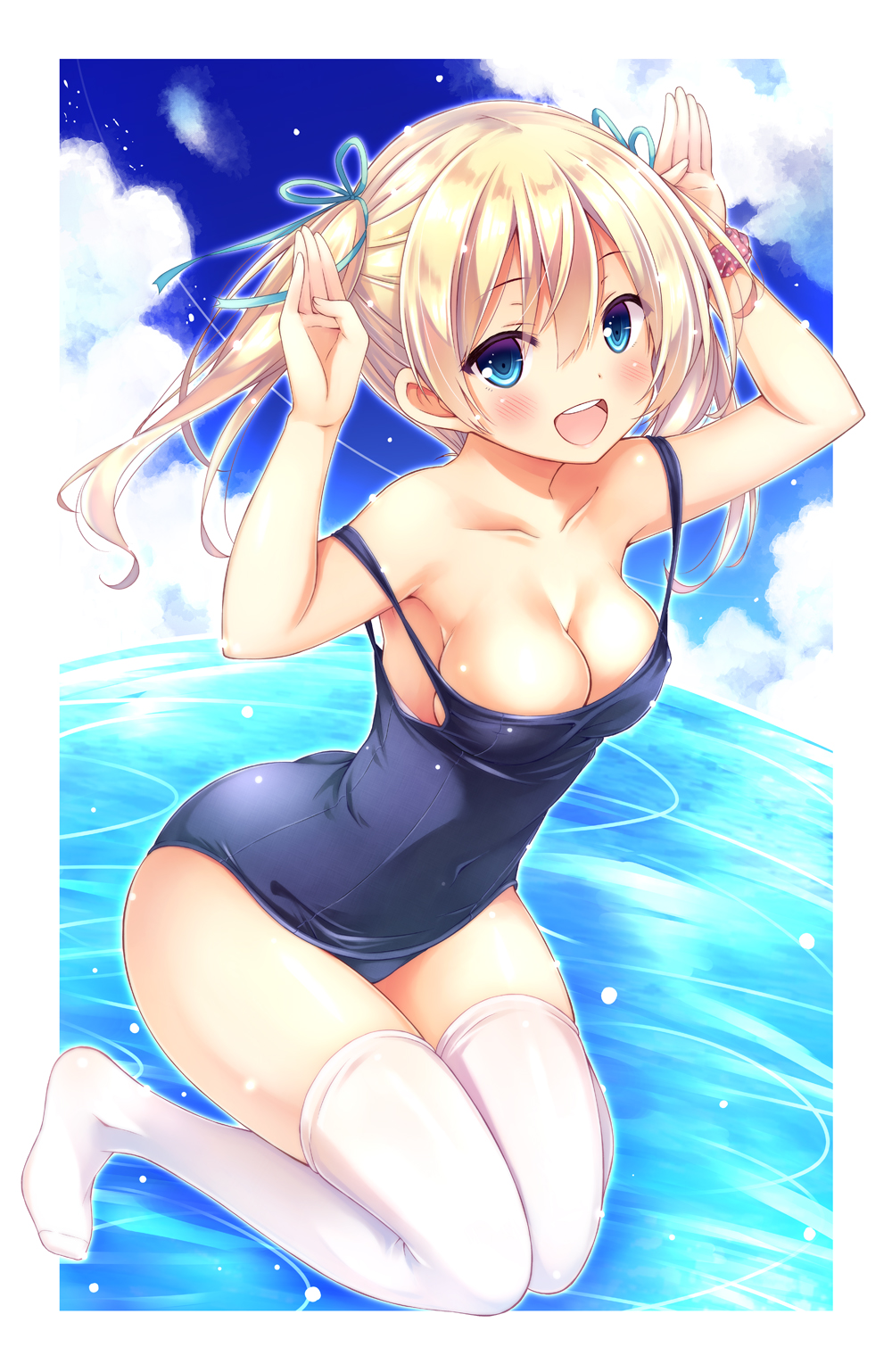 1girl, :d, armpits, arms_up, bangs, bare_arms, bare_shoulders, blonde_hair