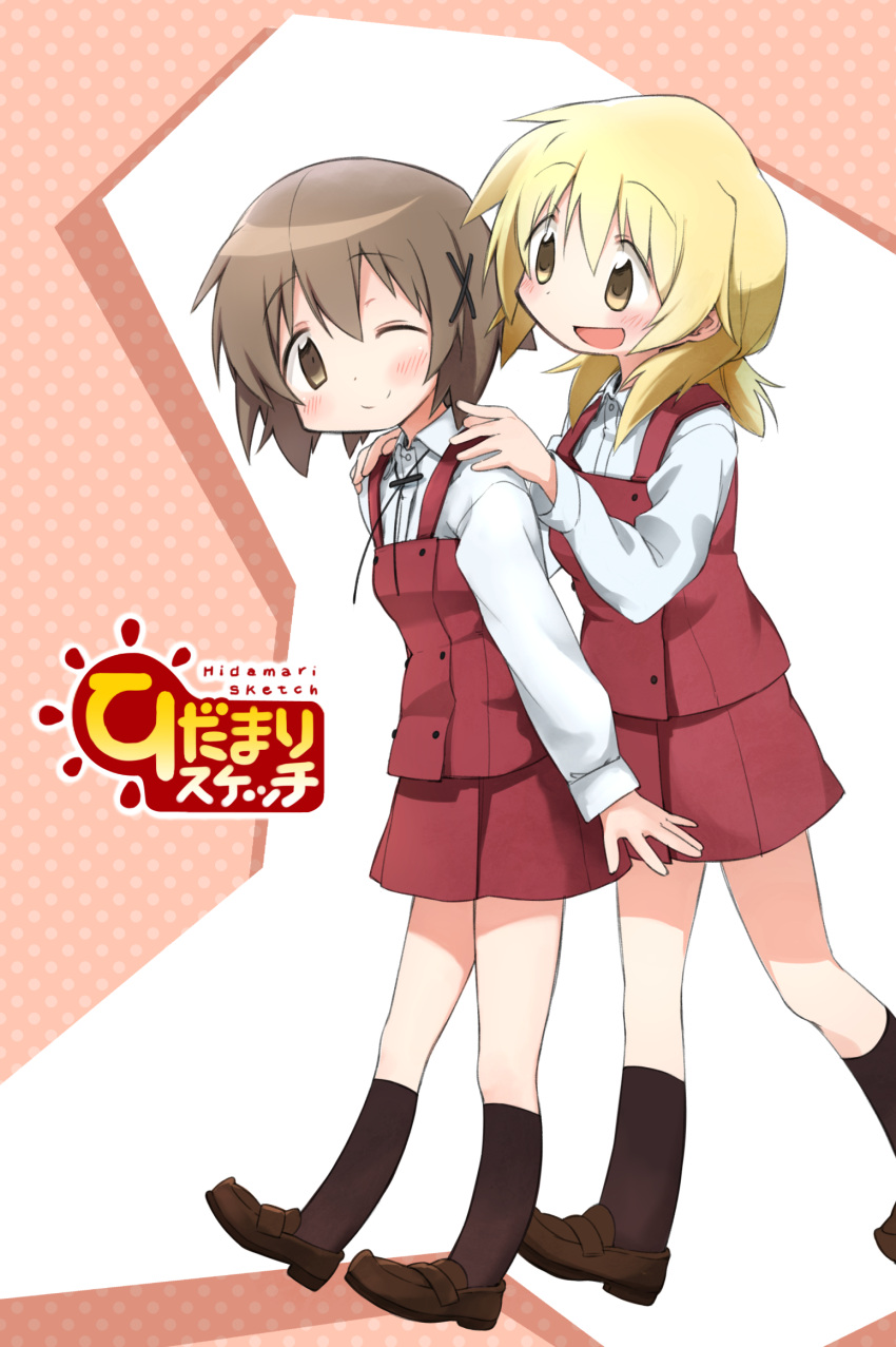 2girls, :d, black_legwear, blonde_hair, blush, brown_eyes, brown_hair, dress_shirt