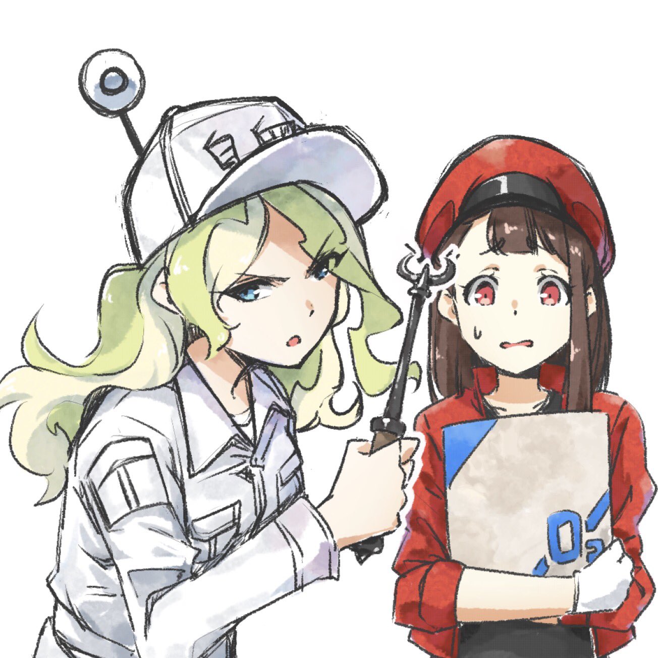2girls, alternate_costume, blue_eyes, blush, brown_hair, cabbie_hat, cosplay, employee_uniform
