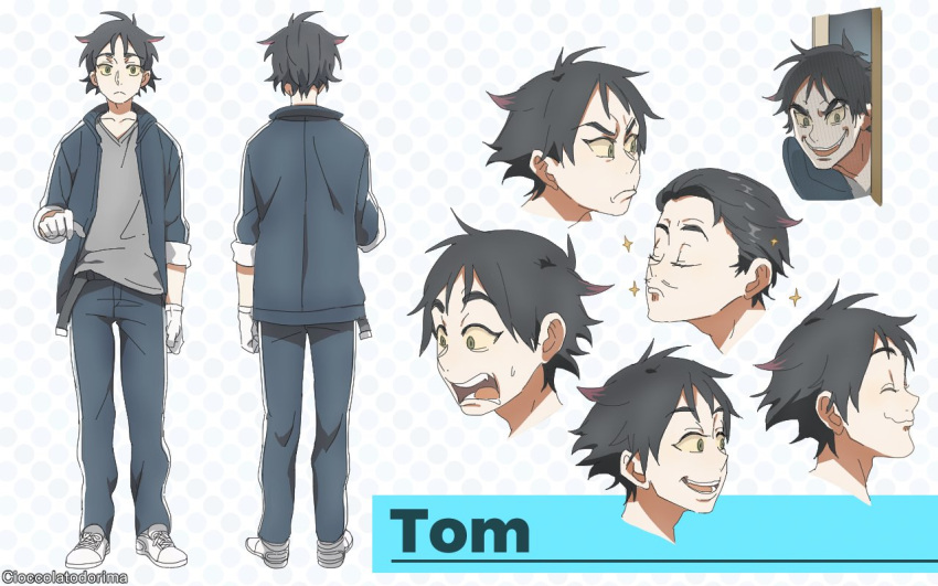 1boy, alternate_hairstyle, angry, belt, black_hair, evil_smile, facial_hair, frown