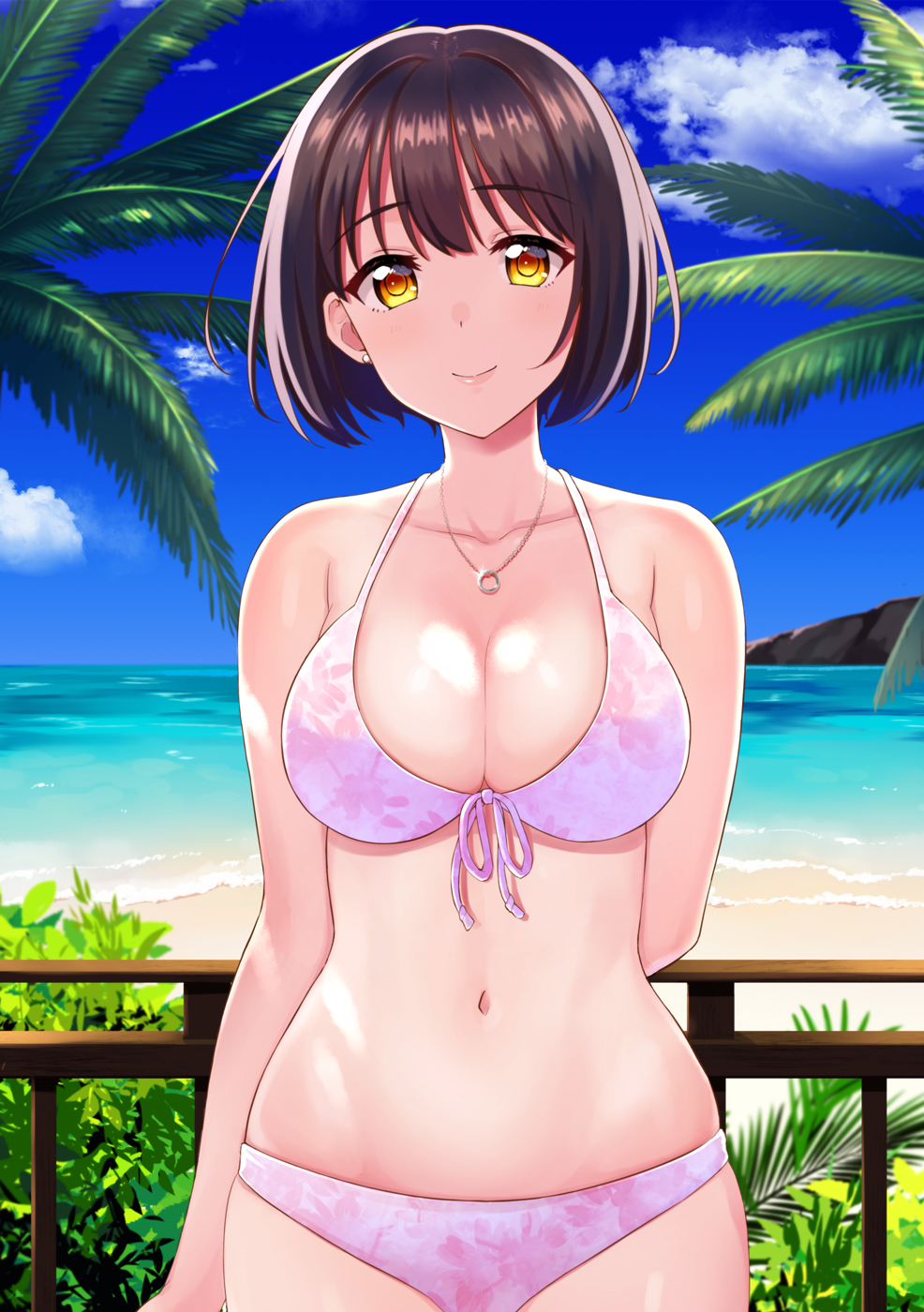 1girl, arm_behind_back, beach, bikini, black_hair, blue_sky, blush, breasts