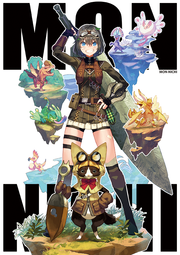 1girl, animal, anjanath, arm_up, bandage, bandaged_leg, bandages, bangs, black_footwear, black_gloves, black_hair, blue_eyes, blush, boots, brown_dress, brown_vest, cat, clothed_animal, commentary_request, copyright_name, diablos, dress, eyebrows_visible_through_hair, felyne, fingerless_gloves, floating_island, gloves, goggles, goggles_on_head, grin, hair_between_eyes, holding, holding_sword, holding_weapon, huge_weapon, knee_boots, kulu-ya-ku, long_sleeves, looking_at_viewer, maeya_susumu, monster, monster_hunter, monster_hunter:_world, paolumu, pukei-pukei, short_hair, smile, standing, sword, tzitzi-ya-ku, v-shaped_eyebrows, vest, weapon