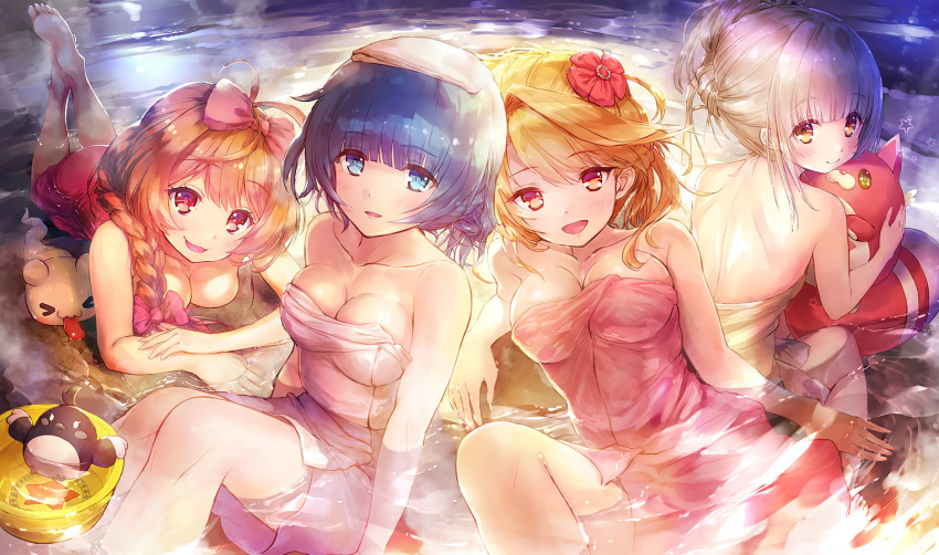 >_<, 4girls, :d, animal, bangs, bare_arms, bare_shoulders, blue_eyes