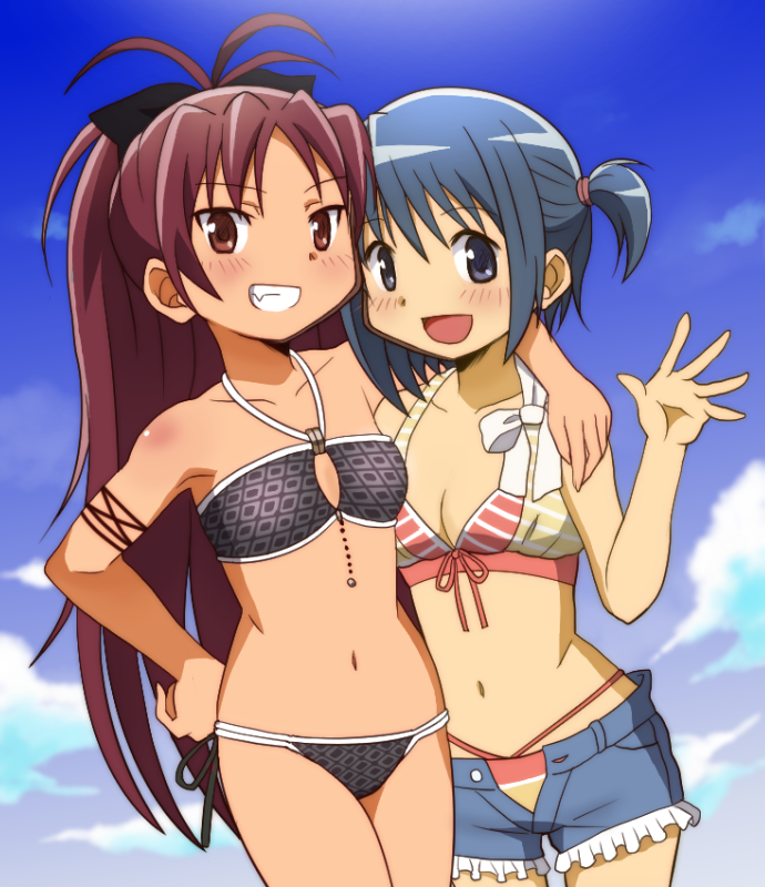 2girls, bikini, black_bikini, blue_eyes, blue_hair, blue_sky, clouds, collarbone