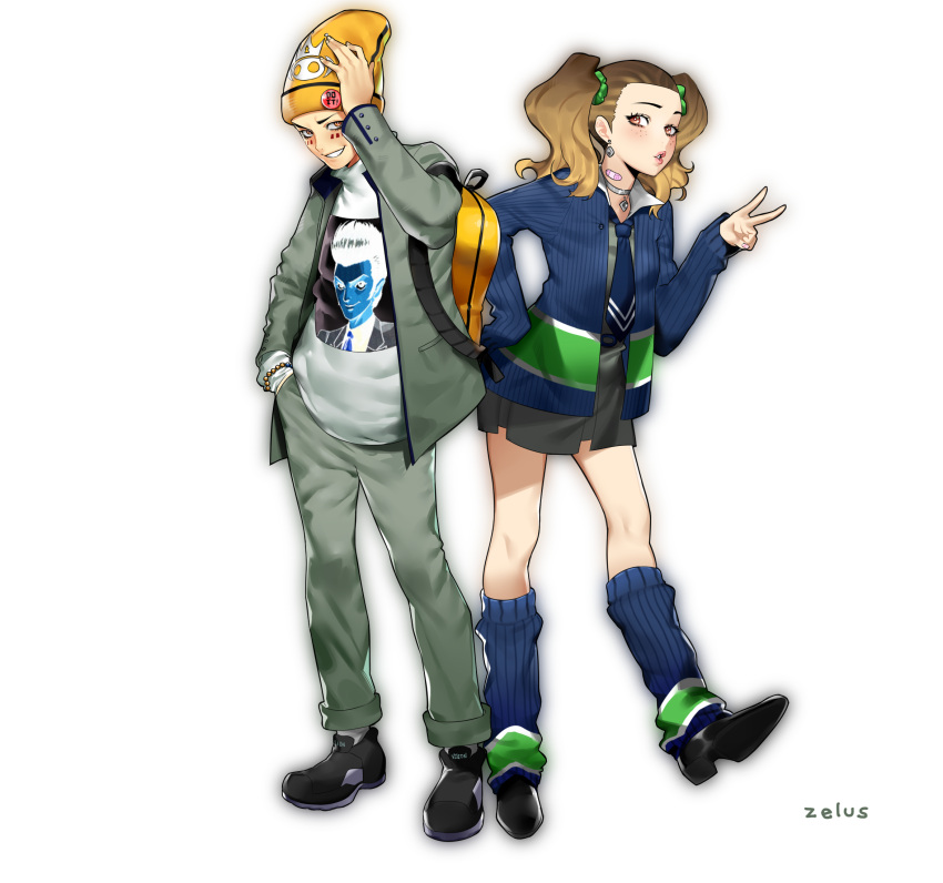 >:), 1boy, 1girl, artist_name, ayase_yuka, backpack, badge, bag
