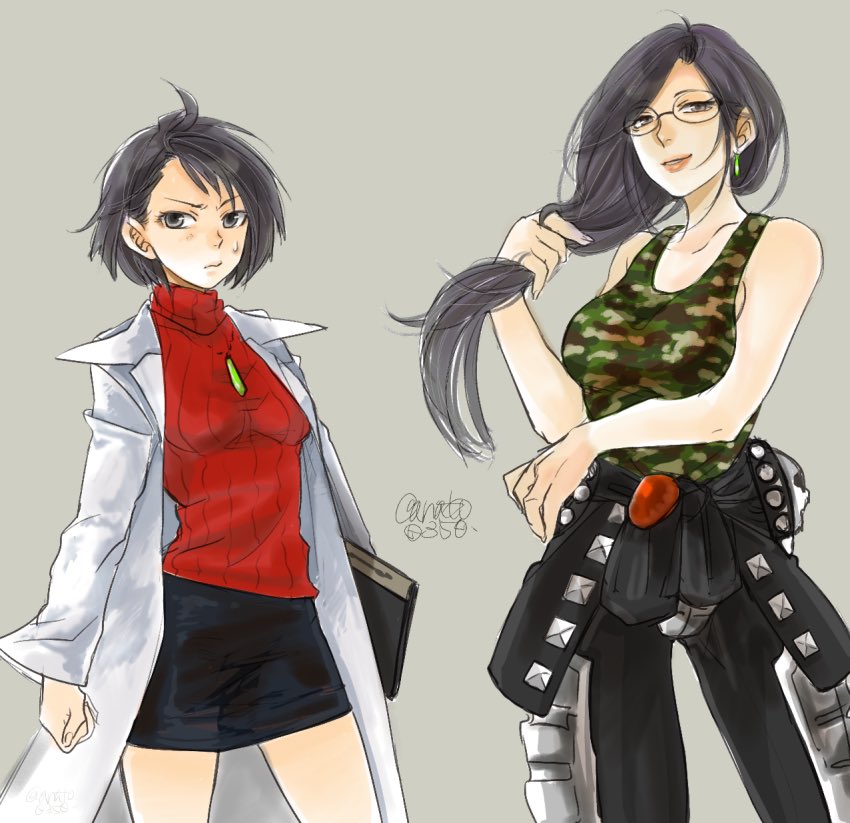 2girls, anato0350, bare_arms, biker_clothes, black_eyes, black_hair, blush, breasts