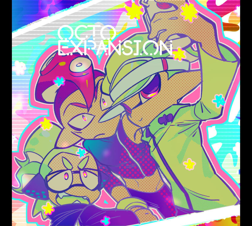 3boys, agent_8, cellphone, copyright_name, crop_top, green_hair, headphones, highres