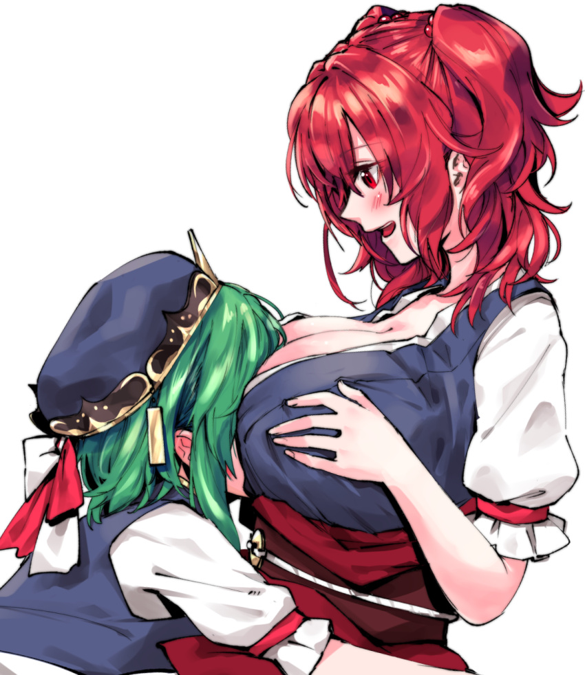 2girls, :d, between_breasts, blue_dress, blue_hat, blue_vest, blush, bow