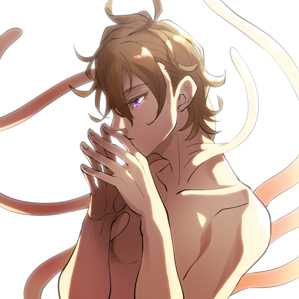 1boy, ahoge, blonde_hair, bloom, fingers_together, locksuke, male_focus, monster_boy