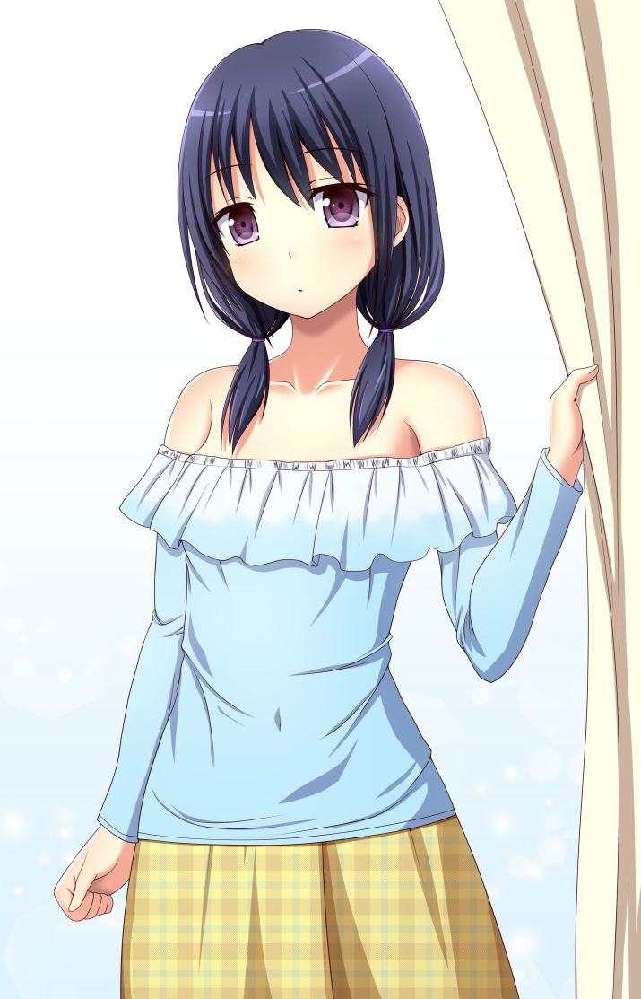 1girl, bangs, bare_shoulders, blue_hair, blue_shirt, blush, casual, closed_mouth