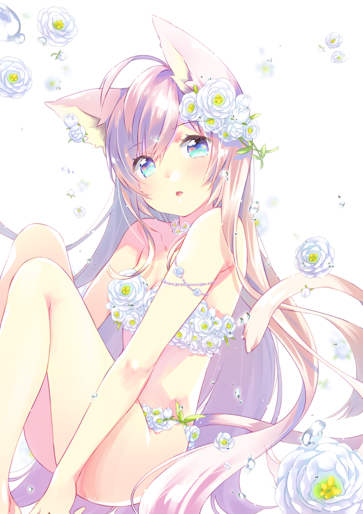1girl, ahoge, animal_ears, bangs, bare_legs, bare_shoulders, barefoot, blue_eyes, blurry, blurry_background, blush, breasts, brown_hair, cat_ears, cat_girl, cat_tail, collarbone, commentary_request, depth_of_field, ech, eyebrows_visible_through_hair, feet_out_of_frame, flower, flower_clothes, hair_between_eyes, hair_flower, hair_ornament, head_tilt, long_hair, original, parted_lips, rose, sitting, small_breasts, solo, tail, tail_raised, very_long_hair, white_background, white_flower, white_rose