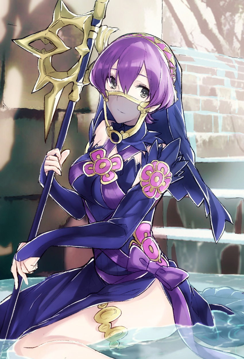 1girl, aiueo1234853, aqua_(fire_emblem_if), aqua_(fire_emblem_if)_(cosplay), asymmetrical_legwear, axe, black_dress, bow, closed_mouth, cosplay, dress, fingerless_gloves, fire_emblem, fire_emblem:_shin_monshou_no_nazo, fire_emblem_heroes, fire_emblem_if, gloves, grey_eyes, highres, katarina_(fire_emblem), polearm, poleaxe, purple_bow, purple_hair, see-through, short_hair, sitting, solo, stairs, thigh_strap, veil, water, weapon