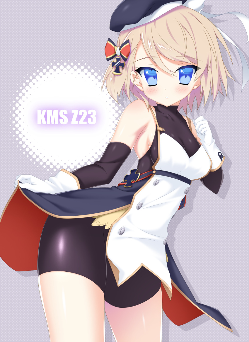 1girl, :o, azur_lane, bangs, bare_shoulders, beret, bike_shorts, black_dress