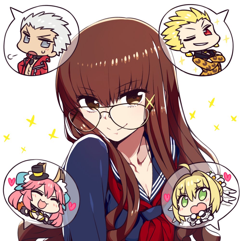 2boys, 3girls, :3, ahoge, animal_ears, archer, black_hat, black_serafuku