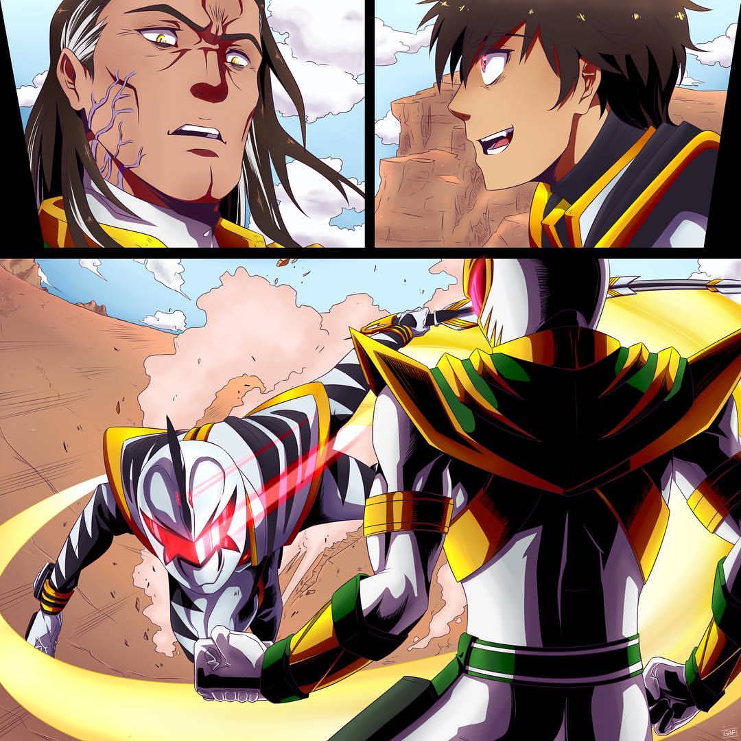 2boys, battle, fighting, long_hair, lord_drakkon, power_rangers, short_hair, white_dinothunder_ranger