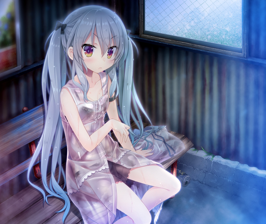 1girl, arm_strap, bench, blush, dress, frown, fukuhara_shiori, gotou_nao, kimi_to_tsunagaru_koi_flag, long_hair, looking_at_viewer, official_art, red_eyes, silver_hair, sitting, sleeveless, sleeveless_dress, solo, twintails, wet