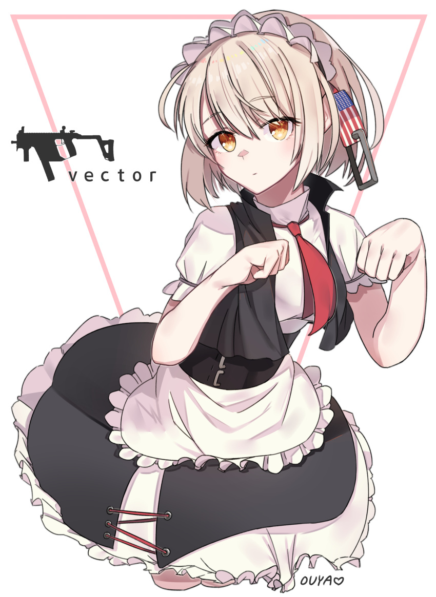 1girl, absurdres, apron, artist_name, character_name, cosplay, g36_(girls_frontline), g36_(girls_frontline)_(cosplay), girls_frontline, highres, looking_at_viewer, maid, maid_apron, maid_headdress, necktie, paw_pose, short_hair, silver_hair, simple_background, vector_(girls_frontline), yellow_eyes, youngwon