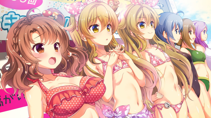 1boy, 5girls, :o, ahoge, akino, bikini, black_swimsuit, blue_eyes