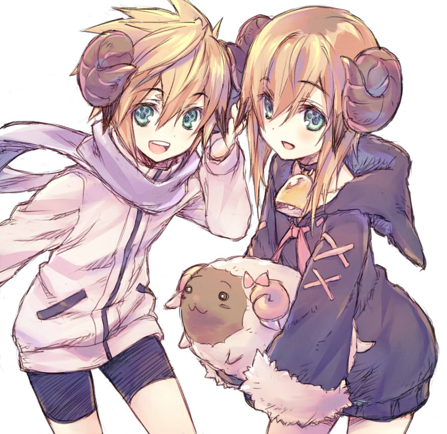 2boys, animal, bell, bell_collar, chinese_zodiac, chung_seiker, collar, elsword, fury_guardian_(elsword), happy_new_year, hood, hoodie, horns, lamb, multiple_boys, new_year, open_mouth, otoko_no_ko, scarf, shooting_guardian_(elsword), wanko_(takohati8), white_background