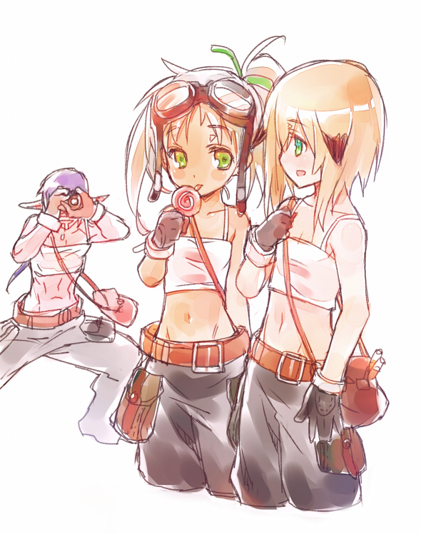 1girl, 2boys, alchemist, camera, candy, chung_seiker, ciel_(elsword), drooling