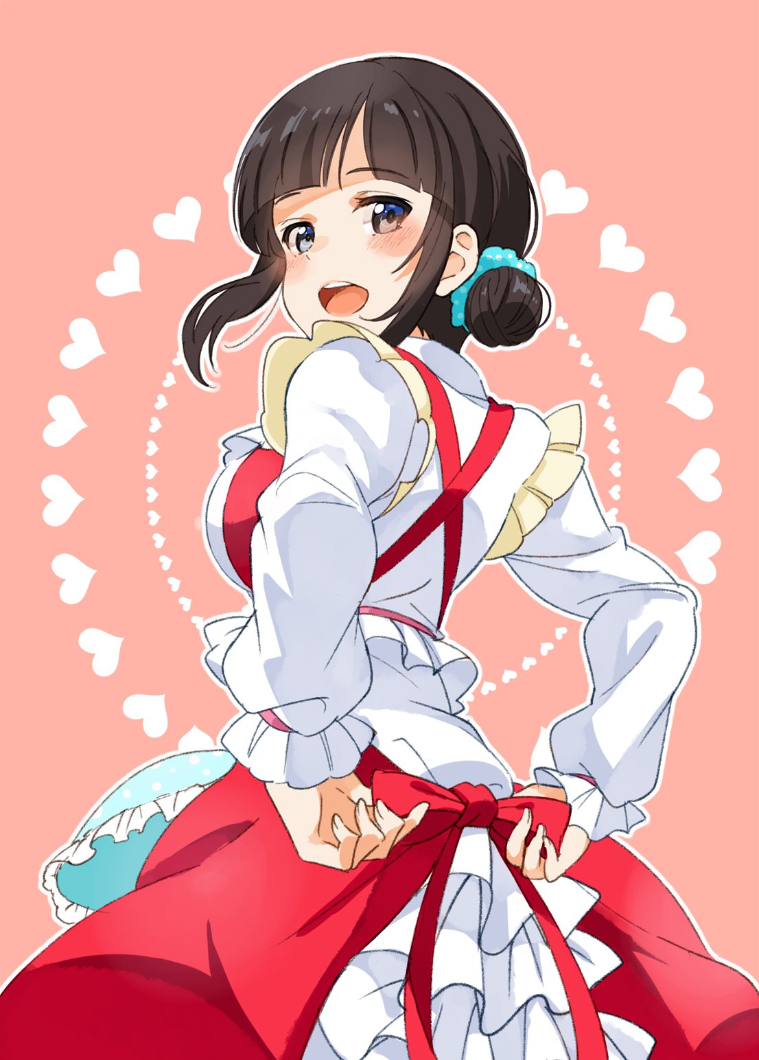 1girl, apron, blue_eyes, blush, brown_hair, dress, frilled_dress, frills