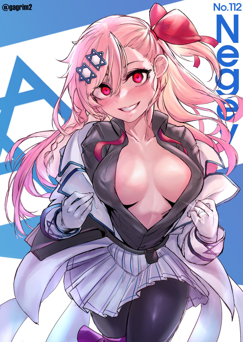 1girl, absurdres, bangs, blush, bow, braid, breasts, character_name, clothes_tug, collarbone, eyebrows_visible_through_hair, gagrim, girls_frontline, gloves, grey_shirt, hair_between_eyes, hair_bow, hair_ornament, hair_ribbon, hairclip, hexagram, highres, israeli_flag, jewelry, large_breasts, long_hair, long_sleeves, looking_at_viewer, negev_(girls_frontline), no_bra, one_side_up, parted_lips, pink_hair, pleated_skirt, red_bow, red_eyes, ribbon, ring, seductive_smile, shirt, sidelocks, skirt, smile, solo, star_of_david, thigh_ribbon, twitter_username, wedding_ring, white_gloves