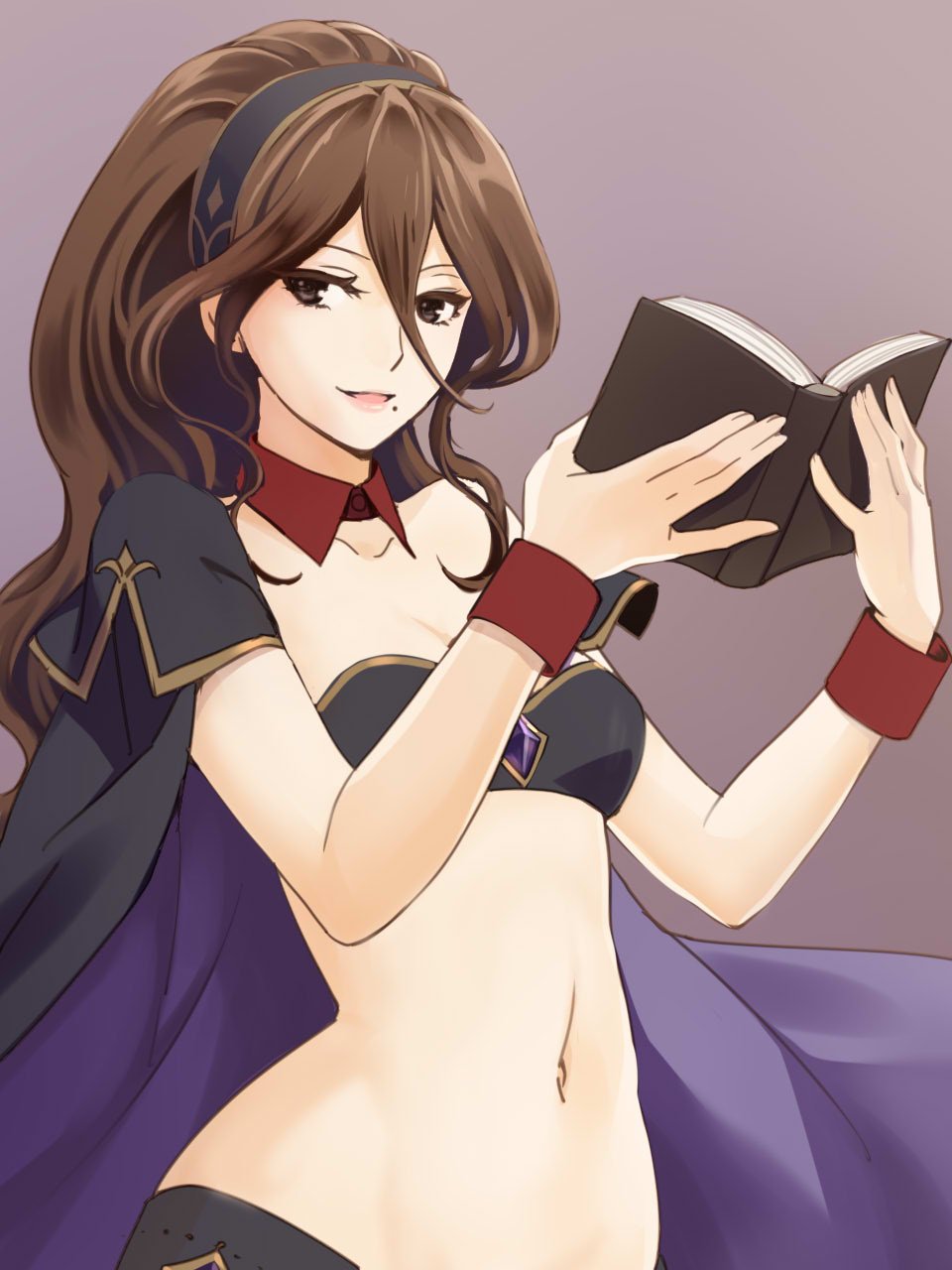 1girl, alternate_costume, book, breasts, brown_hair, cape, gloves, highres, jewelry, long_hair, looking_at_viewer, navel, octopath_traveler, primrose_azelhart, shikimiorange, simple_background, smile, solo