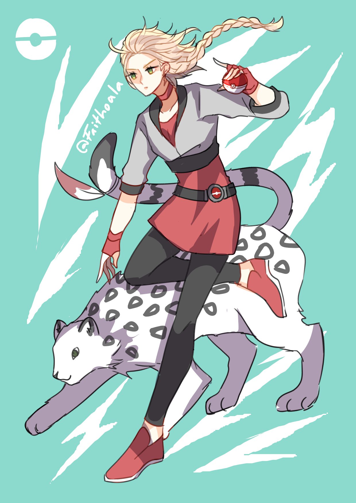 1girl, alternate_costume, animal, blonde_hair, braid, cosplay, faithoala, female_protagonist_(pokemon_go)