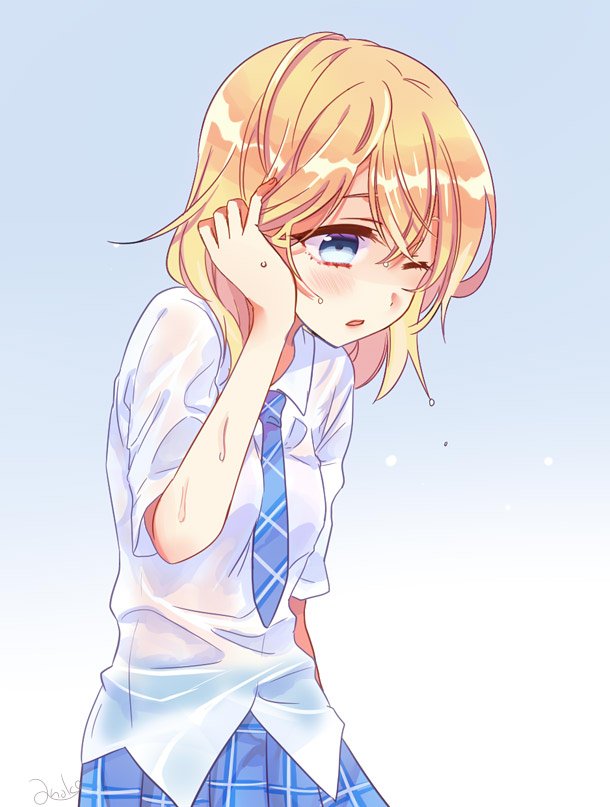 1girl, adjusting_hair, anoko_(darenokoanoko), bangs, blonde_hair, blue_eyes, blue_neckwear, blue_skirt