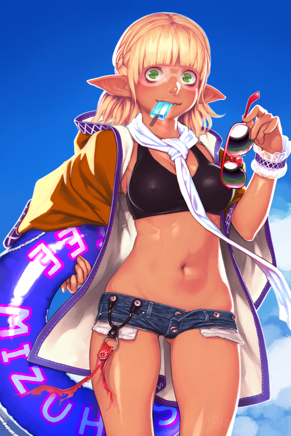 1girl, accessory_tan, adapted_costume, artist_name, ass_visible_through_thighs, bangs, black_sports_bra, blonde_hair