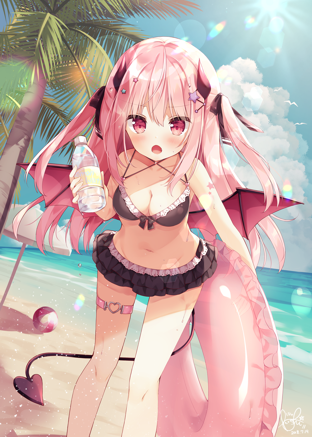 1girl, ball, bangs, bare_arms, bare_shoulders, beach, beach_umbrella, beachball