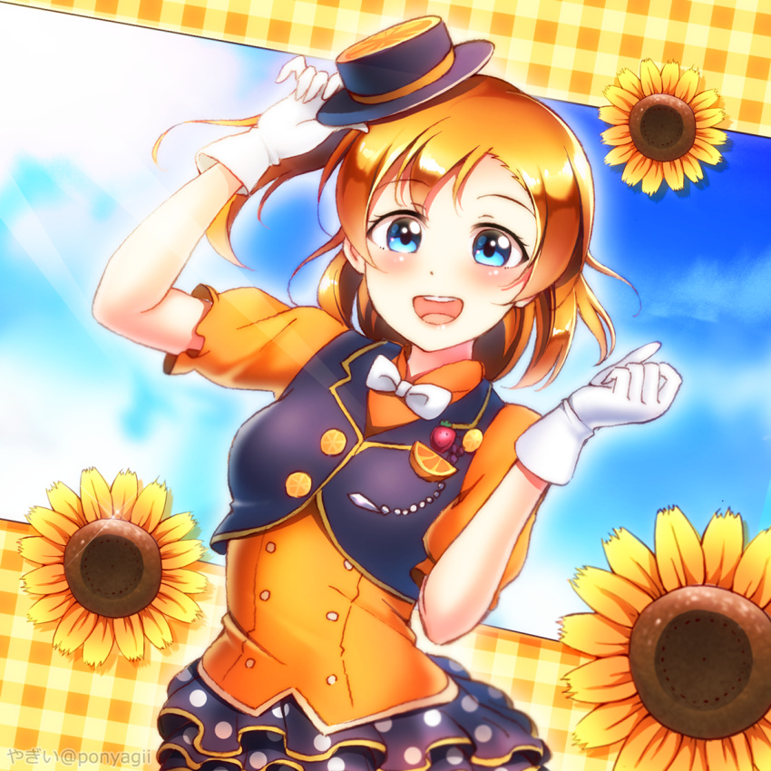 1girl, :d, adjusting_clothes, adjusting_hat, badge, blue_eyes, blush, bow, bowtie, button_badge, clenched_hand, double-breasted, flower, food, fruit, gloves, hand_up, hat, highres, kousaka_honoka, looking_at_viewer, love_live!, love_live!_school_idol_festival, love_live!_school_idol_project, one_side_up, open_mouth, orange, orange_hair, orange_shirt, orange_slice, plaid, plaid_background, polka_dot_skirt, ponyagii, round_teeth, shirt, short_sleeves, smile, solo, sunflower, teeth, upper_teeth, vest, white_gloves, white_neckwear