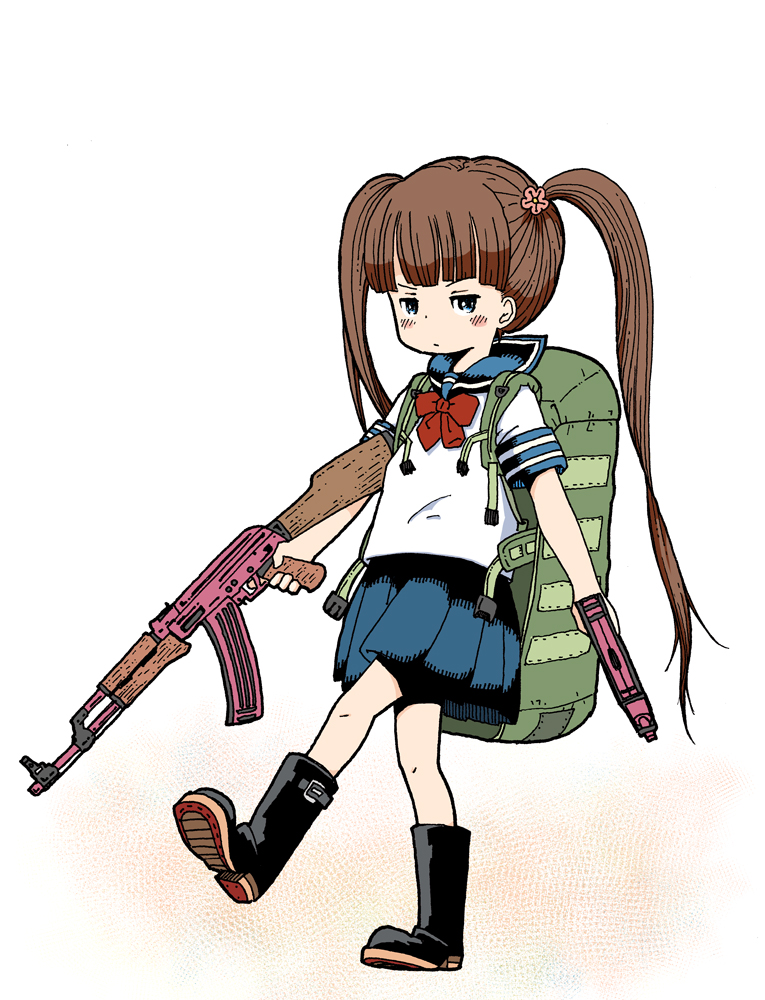 1girl, ak-47, assault_rifle, backpack, bag, blue_eyes, blush_stickers, boots