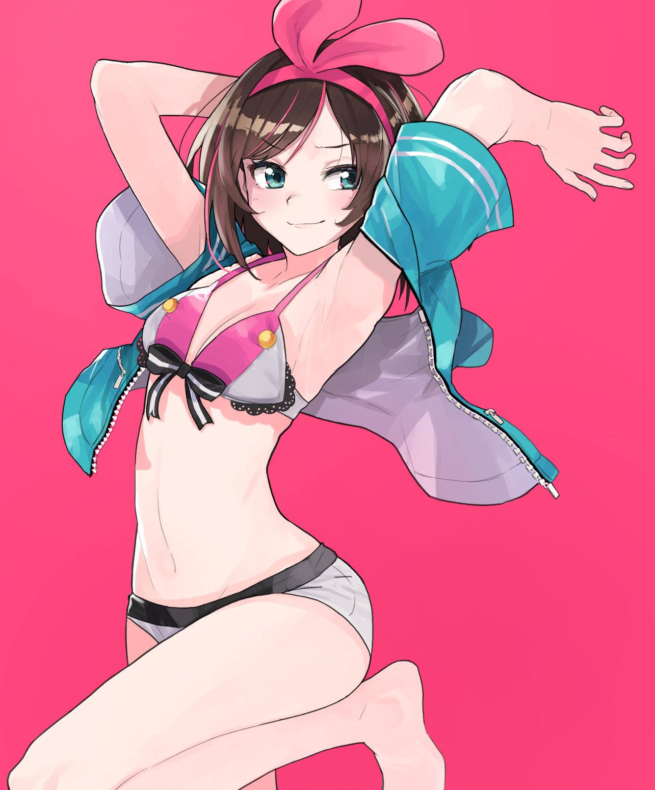 1girl, a.i._channel, aqua_eyes, aqua_jacket, arms_up, bangs, barefoot, blush, bow, bowtie, breasts, brown_hair, cleavage, closed_mouth, hairband, half-closed_eyes, highres, jacket, kizuna_ai, looking_to_the_side, multicolored_hair, navel, open_clothes, pink_background, pink_hairband, short_hair, short_shorts, shorts, simple_background, smile, smug, solo, streaked_hair, swept_bangs, wataro_(watawatawatapon), white_bikini_top, white_shorts