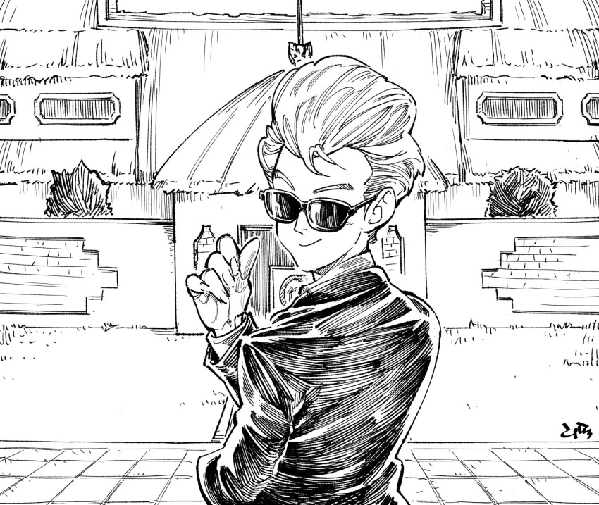 1boy, announcer_(dragon_ball), black, black_shirt, building, dragon_ball, dragon_ball_(classic), dragonball_z