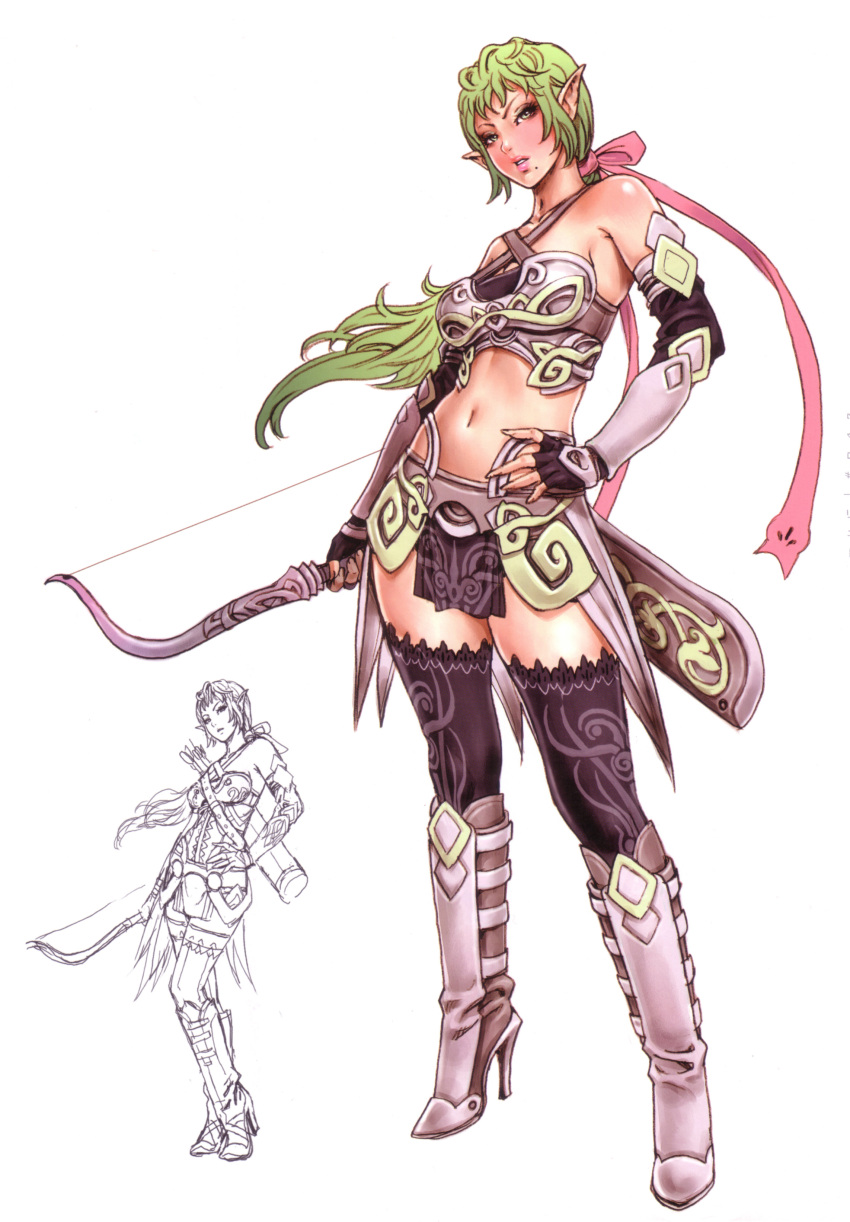 1girl, armor, bare_shoulders, bikini_armor, boots, bow_(weapon), elf, female