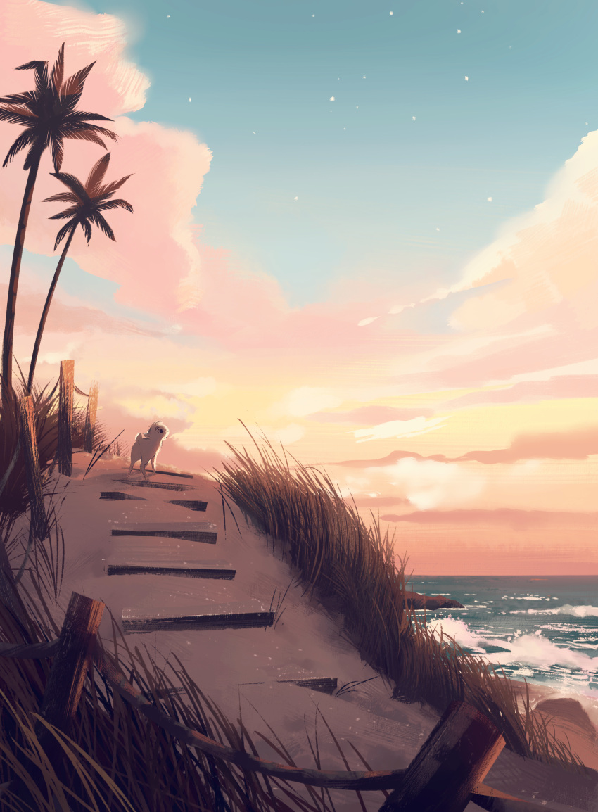 absurdres, beach, clouds, cloudy_sky, danfango, goat, highres, landscape, no_humans, ocean, original, outdoors, palm_tree, scenery, sky, sunset, tree