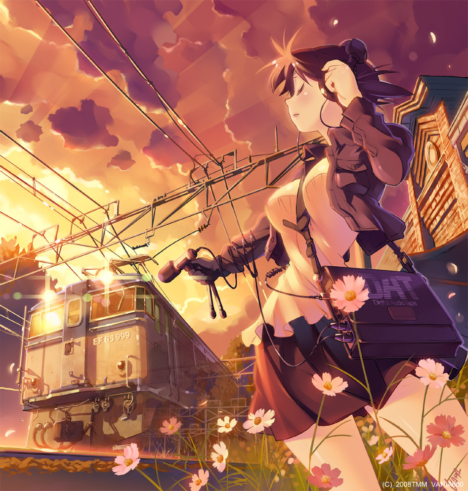 cloud, flower, grass, headphones, microphone, petals, short_hair, sky