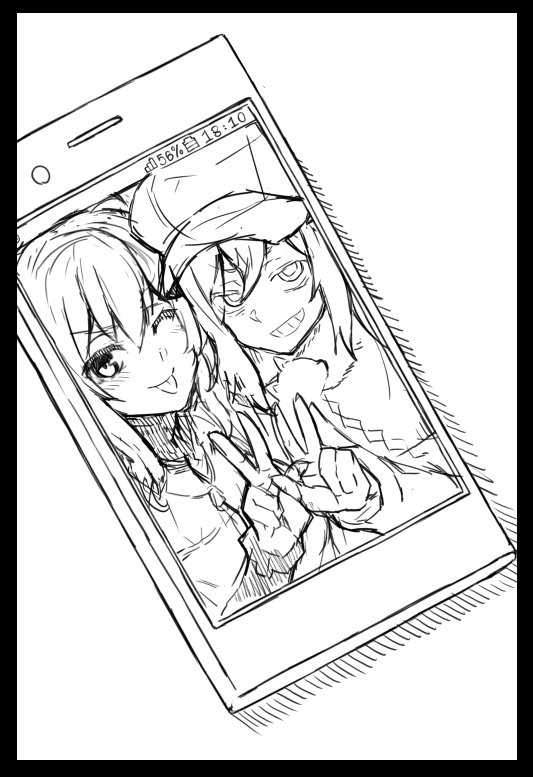 2girls, ;p, bags_under_eyes, black_border, blush, border, cabbie_hat, casual