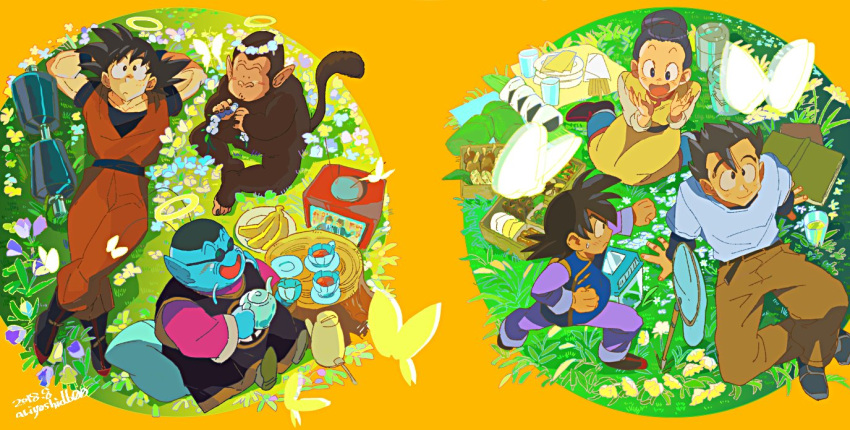1girl, 4boys, :d, animal, antennae, arms_behind_head, artist_name, banana